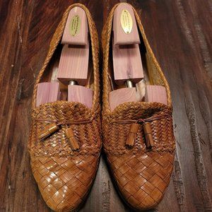 Men's Size 12 Luxury Braided Tan Glossy Leather Moreschi Tassel Loafers